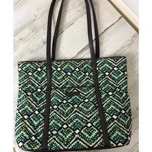 Vera Bradley Leather Trimmed Vera Shoulder Bag Rain Forest Blue Brown New